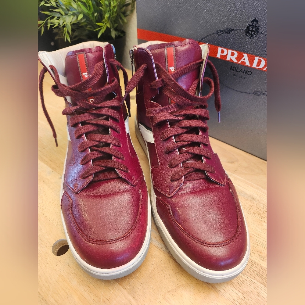 Prada Men’s Leather High‎ Top Sneaker Sz10 wine - Picture 5 of 13